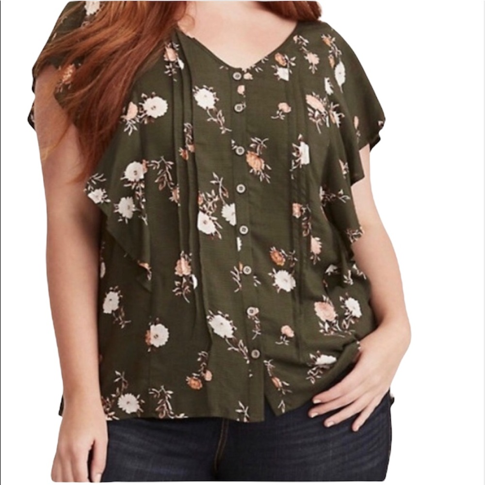 Torrid Olive Green Floral Flutter Sleeve Blouse